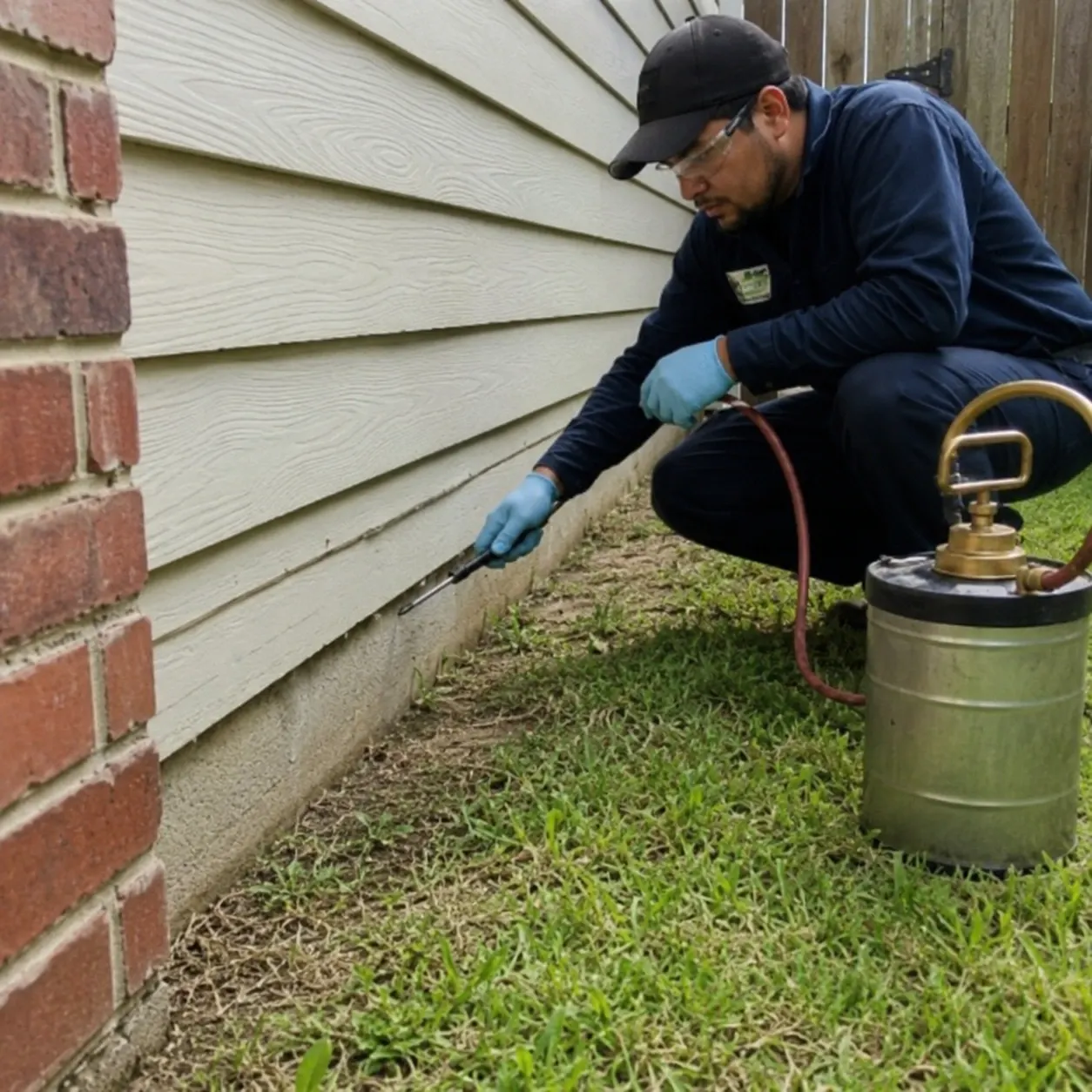 Pest control technician treating a home foundation in Fayetteville, NC